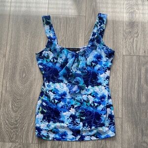 White House Black Market - Blue Floral Tank Top with Ruffle Detail - Size S
